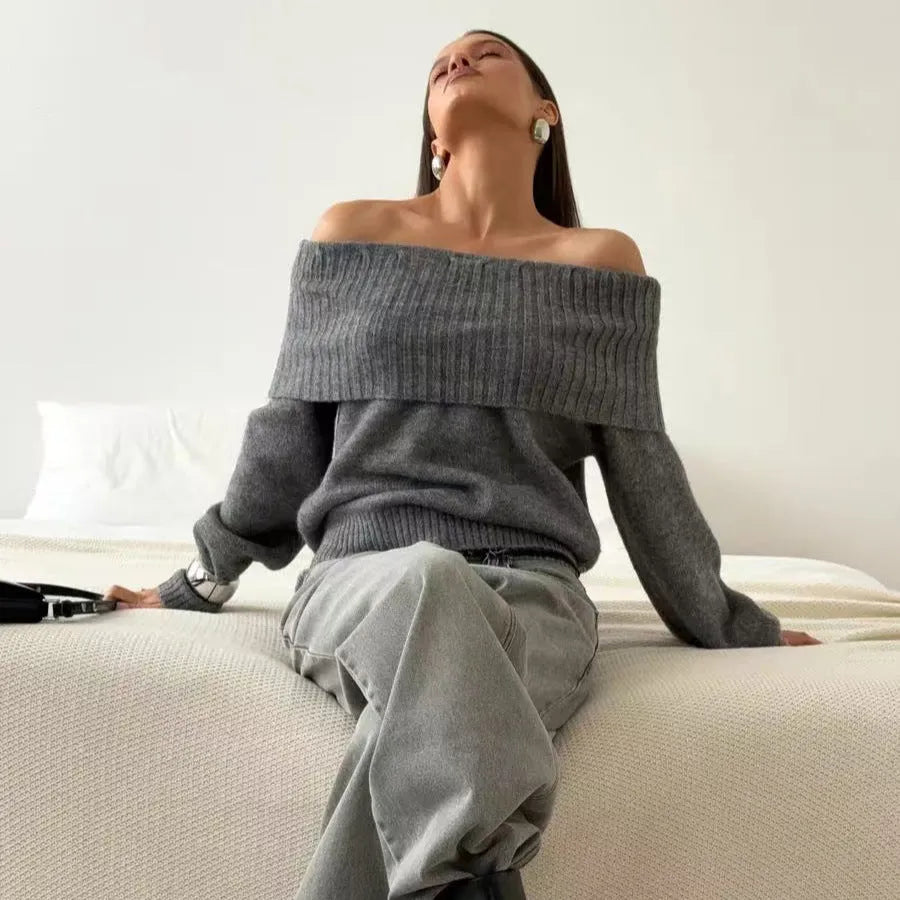 Grey off-the-shoulder sweater with 3D pattern texture and regular sleeves