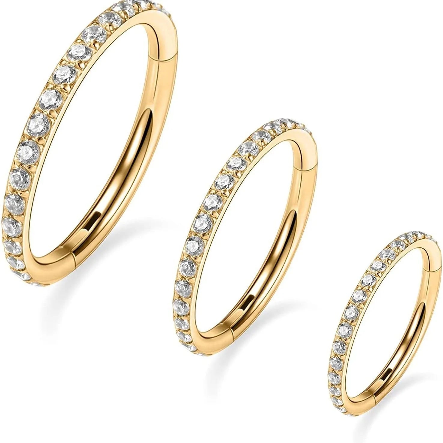 Stainless steel seamless round nose ring showing electroplated colour variations and size specifications