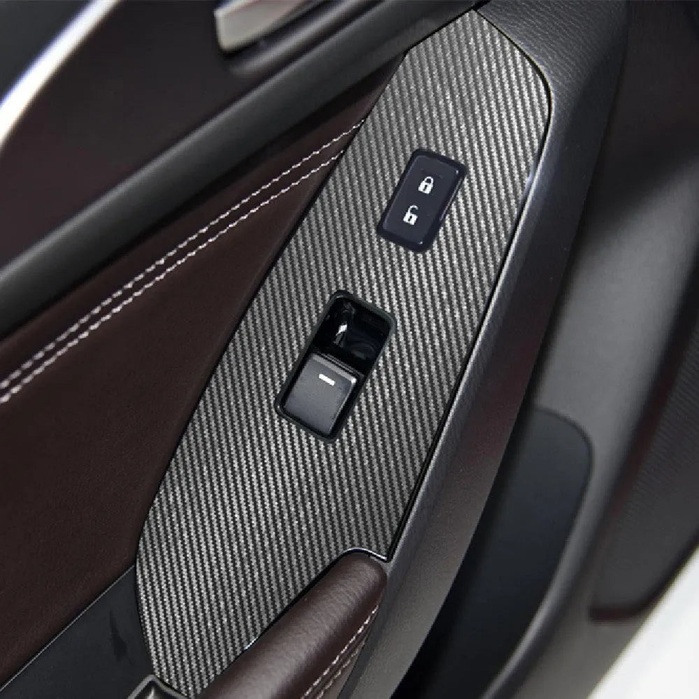 Four TPU protective films for car door control panels in transparent, carbon fibre black and matte black finishes