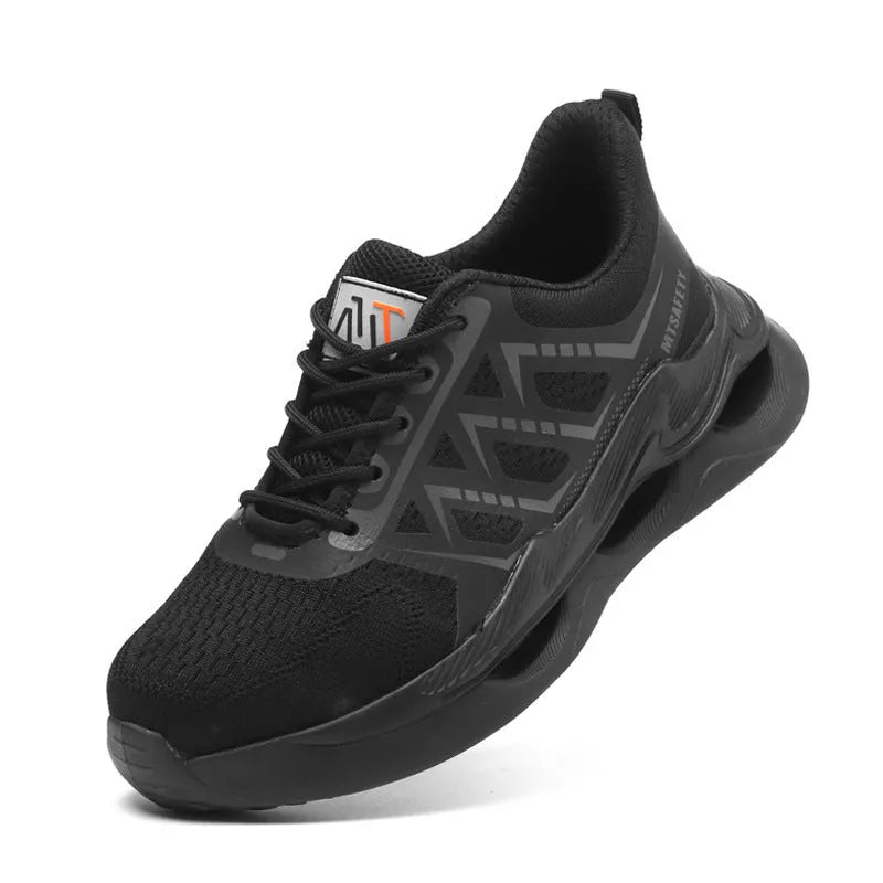 Black steel toe cap labour protection shoes with lace-up front and flat knitted uppers.