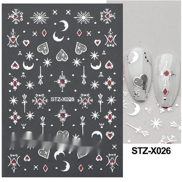 Cartoon love pattern nail art sticker decals in black and silver colours on a plastic sheet.