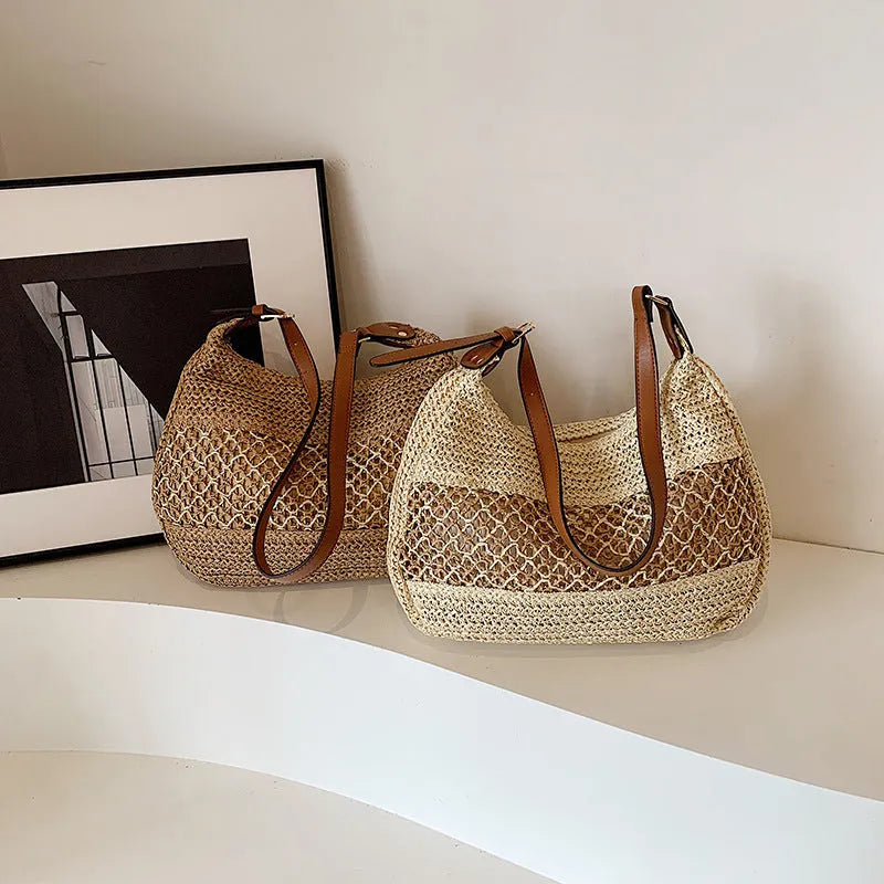 Women's straw cross body bag in khaki colour showing horizontal square shape and woven texture