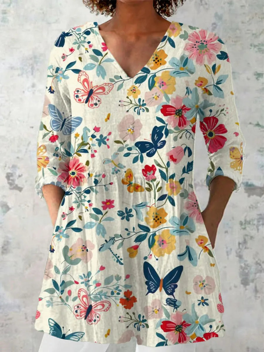 Women's slim fit long sleeve printed top in a retro pattern, made from polyester.