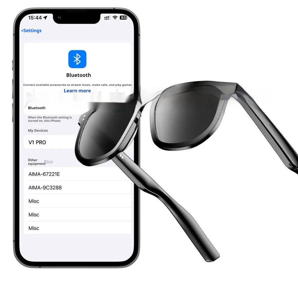 Black AI smart sunglasses with Bluetooth audio, touch controls and UV protection lenses on a PC frame.