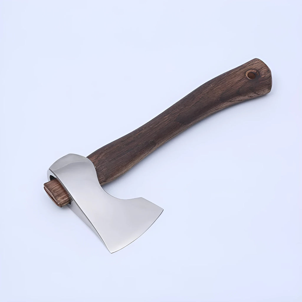 Camping axe with high carbon steel head and wooden handle showing 250mm dimensions