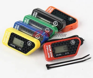 Black waterproof LCD electronic timer for ATV motorcycle motorboat and generator maintenance.