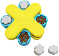 Yellow dog puzzle feeder toy with three rotating layers and claw-shaped lids