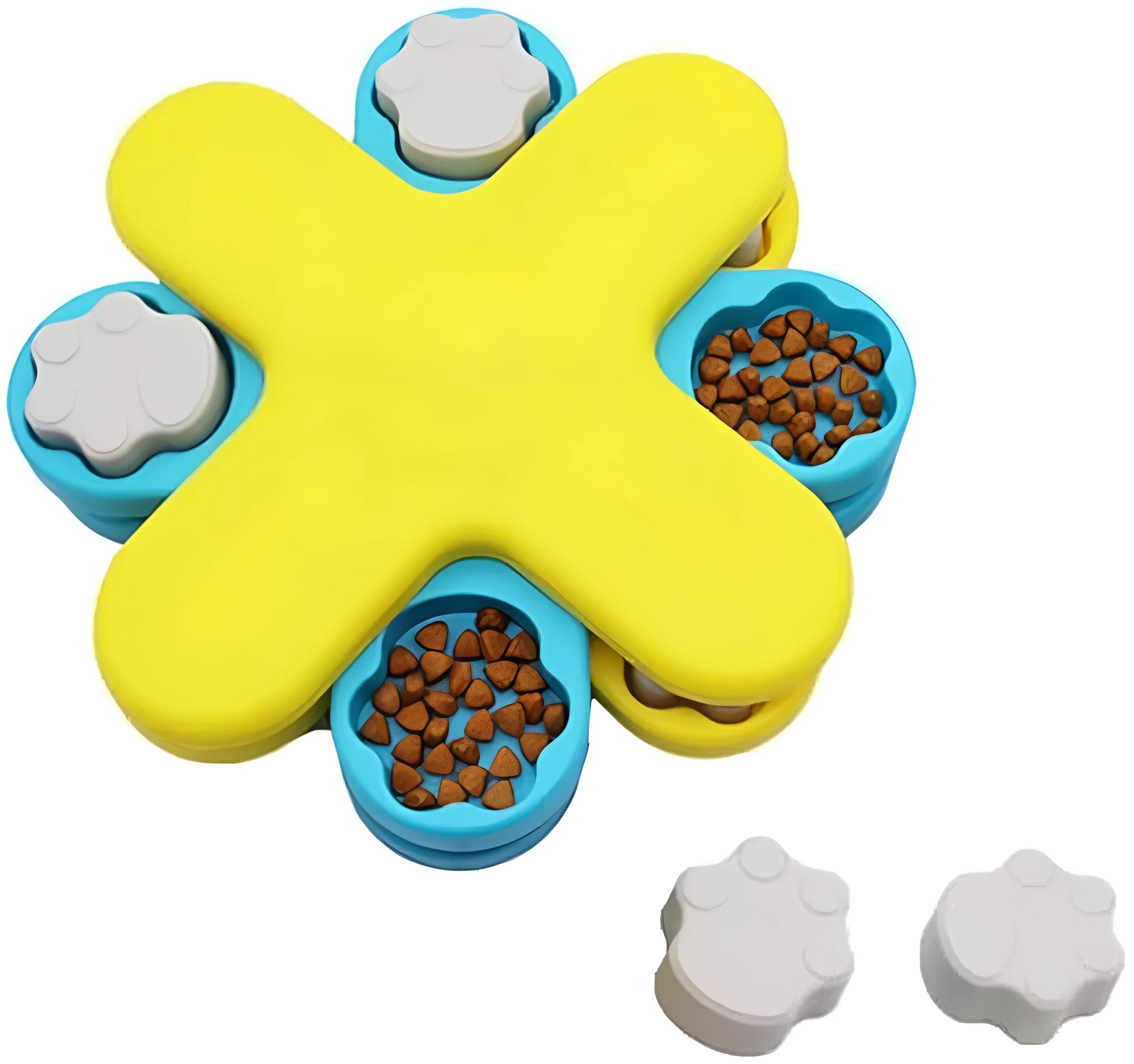 Yellow dog puzzle feeder toy with three rotating layers and claw-shaped lids