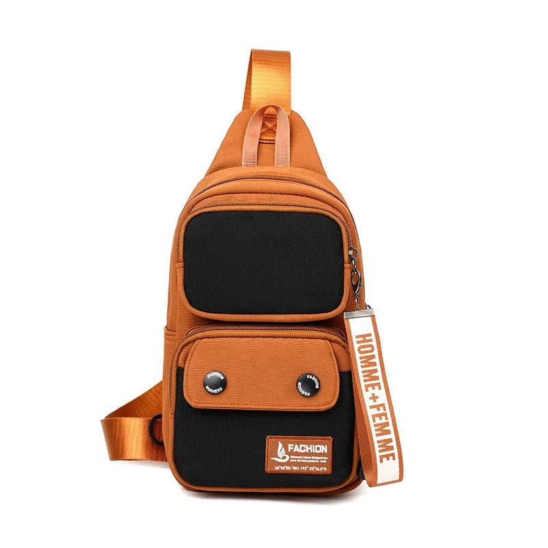 Nylon crossbody shoulder bag with contrast colour options and letter pattern detailing