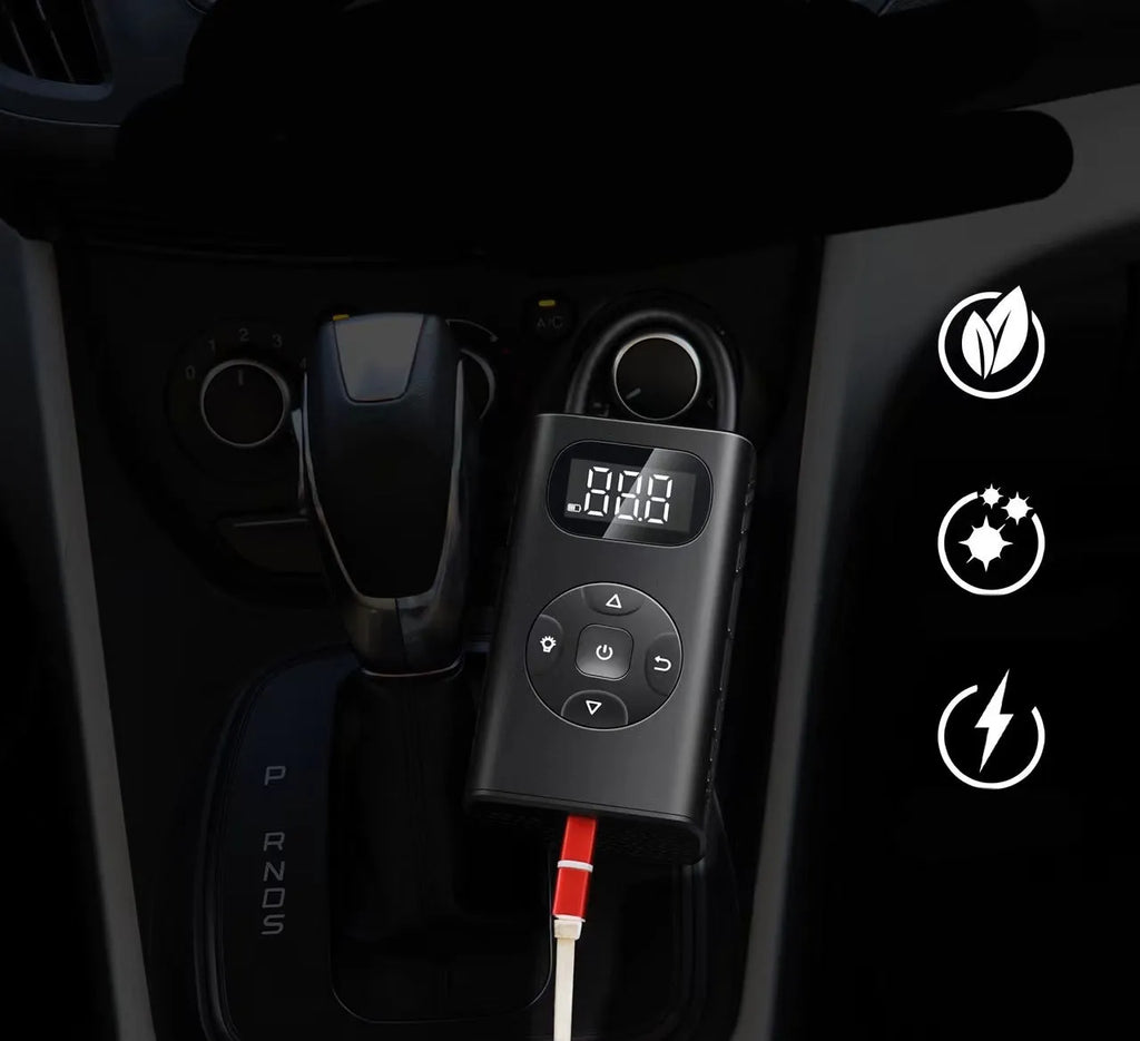 Black cuboid electric air compressor power bank with USB port and 16cm tube for car and motorcycle tyres