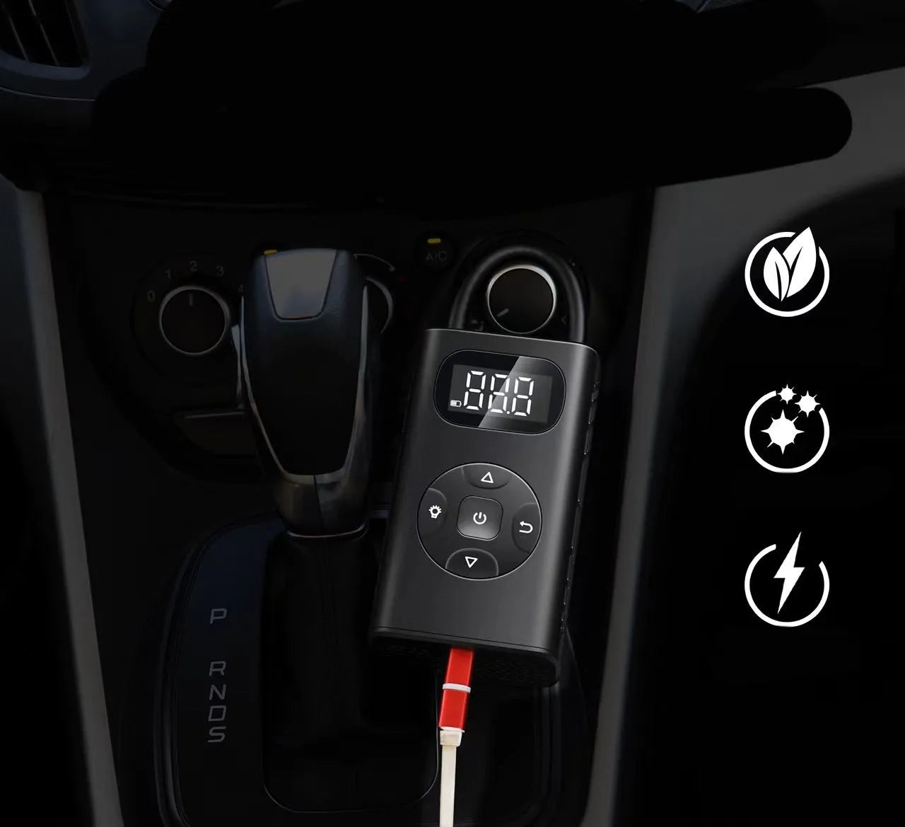 Black cuboid electric air compressor power bank with USB port and 16cm tube for car and motorcycle tyres