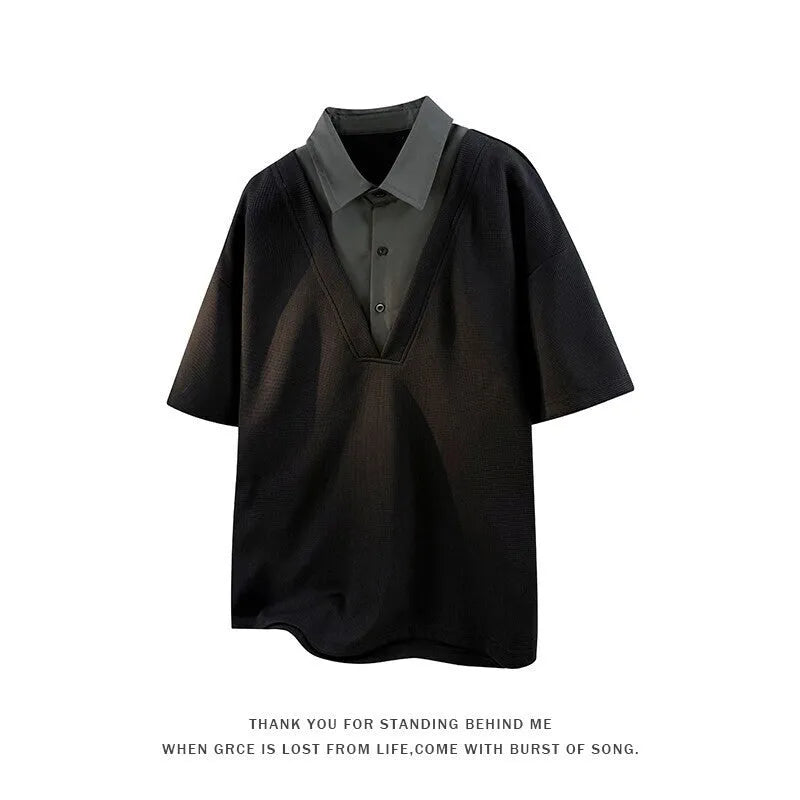 Men's black Henry collar polo shirt sweater with short sleeves and pullover design