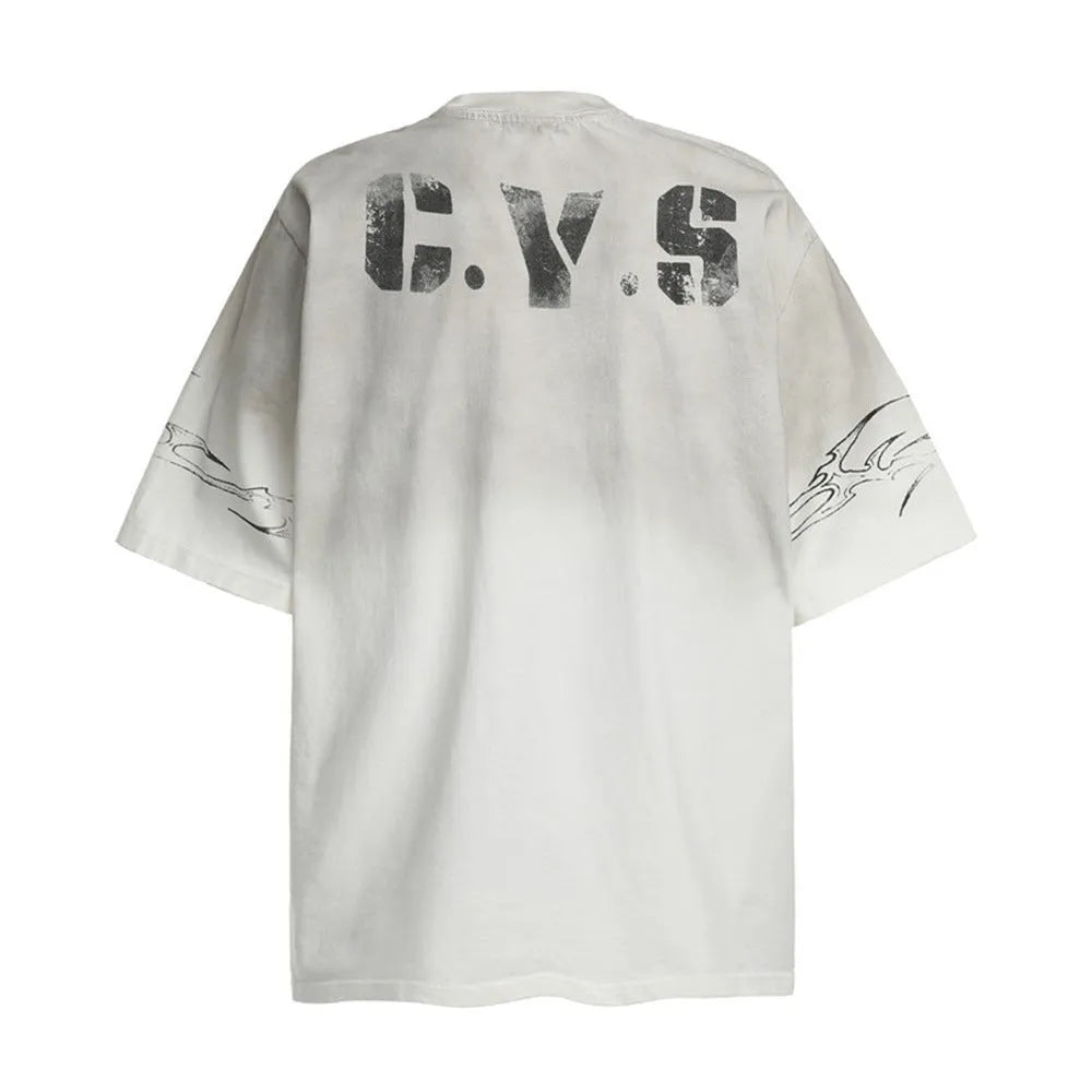 Men's black and white short-sleeved printed cotton t-shirt showing size options S, M, L, XL.