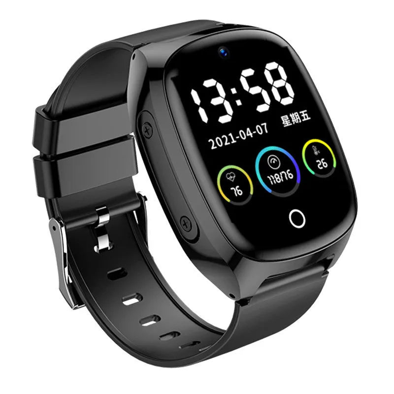 Black GPS tracker smartwatch with 1.54-inch touch screen showing heart rate monitoring and SOS alarm function.