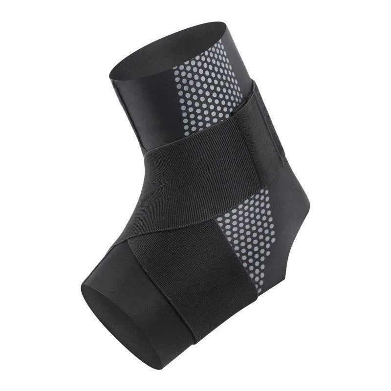 Black Lycra ankle support brace shown on adult ankle with adjustable sizing tab visible