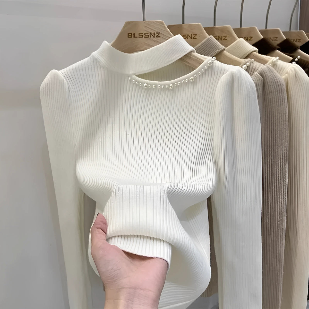 Women's half turtleneck beaded bottoming shirt in beige, black or khaki with long flying sleeves