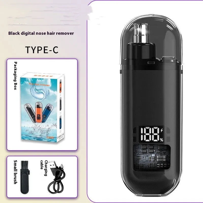 Rechargeable nose hair trimmer with digital display showing black, blue and orange colour options