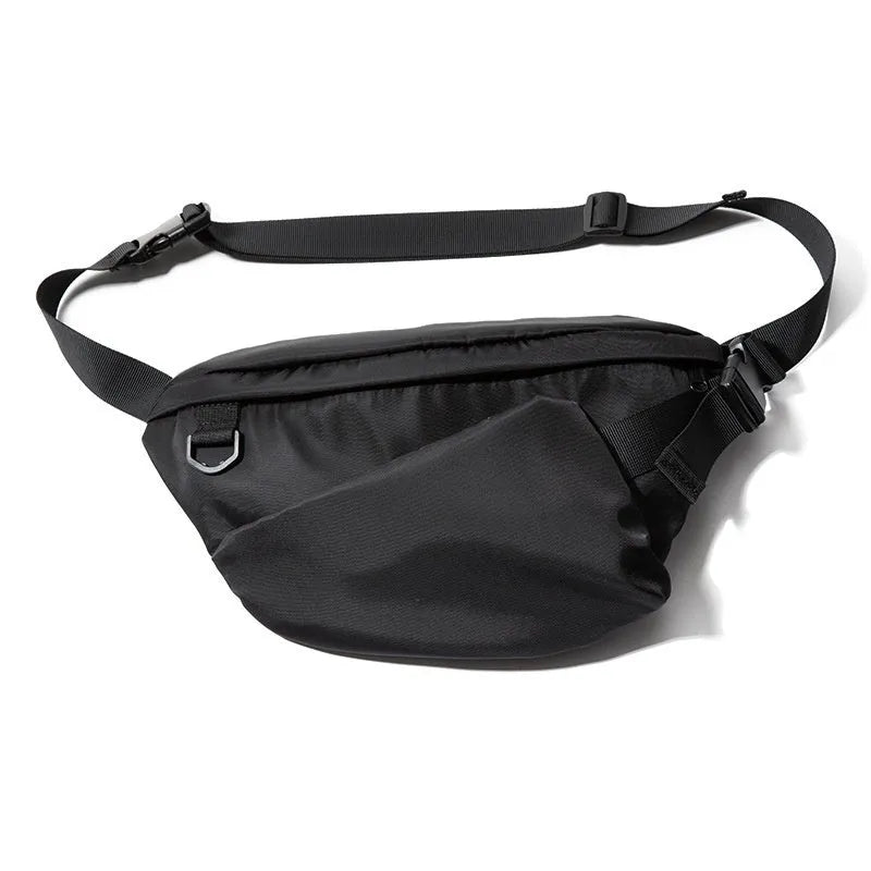 Black men's slanted chest bag made from Oxford fabric, showing sewing line details.