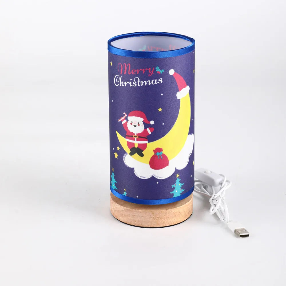 Moon Santa Claus shaped LED night light with USB plug and bamboo base.
