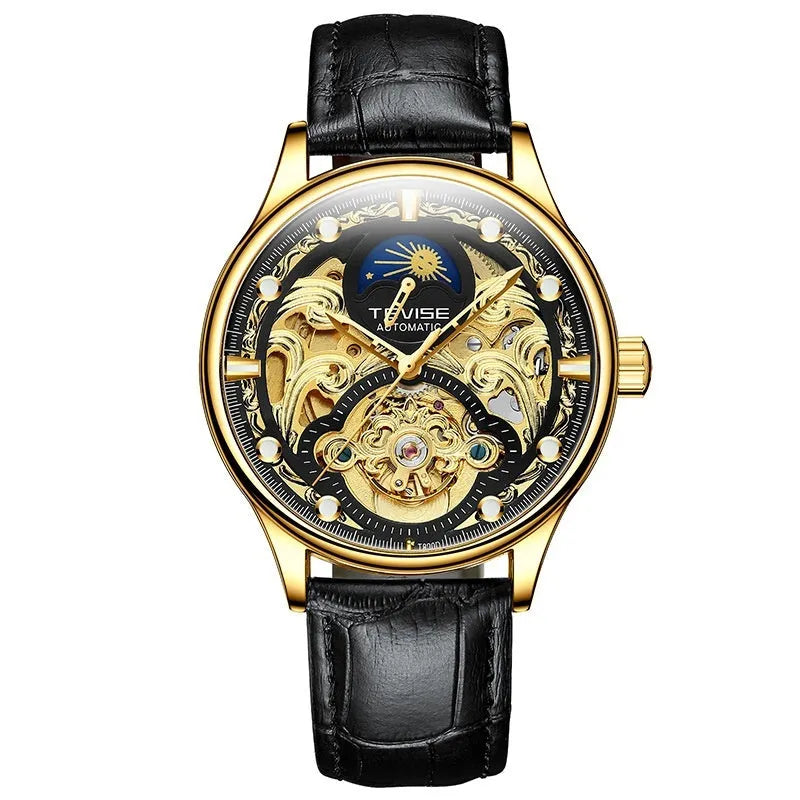 Men's automatic mechanical watch with leather strap in gold colour, business style design