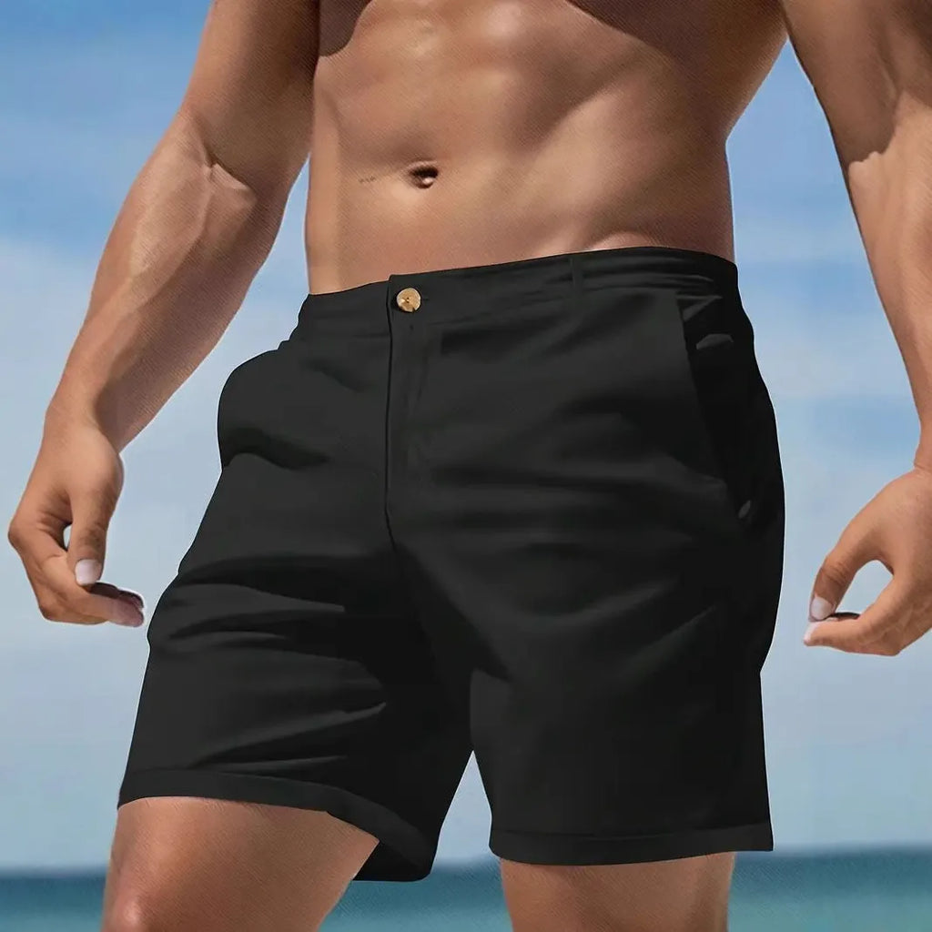 Men's cotton blend straight-leg sports shorts in black with micro-elastic waistband