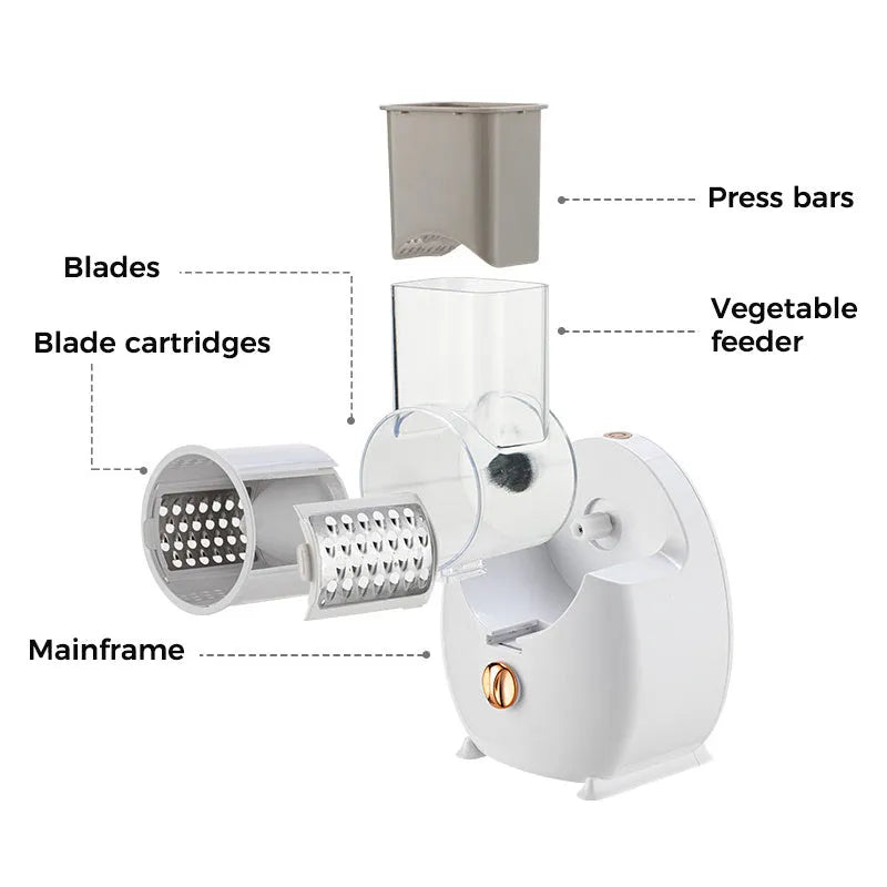 White electric vegetable slicer with rotary grater and suction base for automatic food preparation