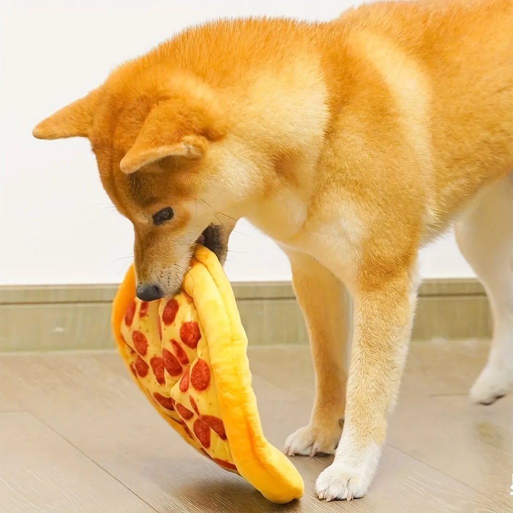 Yellow teddy bear dog chew toy with pizza design details for interactive play and dental care