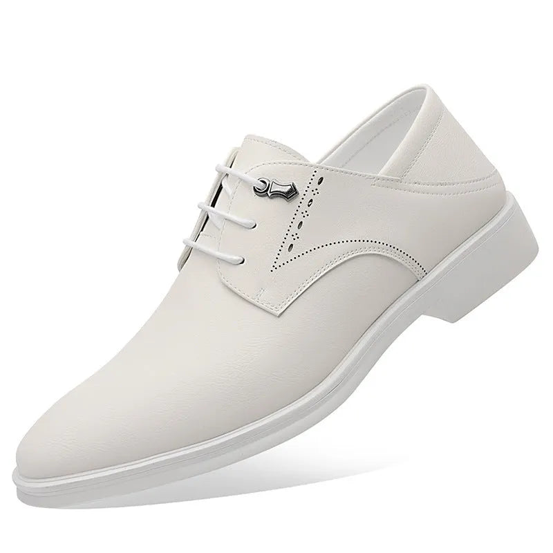 Men's pointed toe dress shoes in black or white with cow split leather upper, rubber sole, and low 1-3cm heel, sizes 38-44