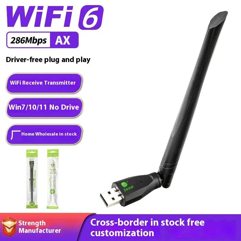 Black WiFi 6 wireless network card with USB connector for computer connectivity