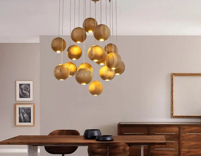 Nordic style solid wood ball chandelier hanging from ceiling with adjustable cord