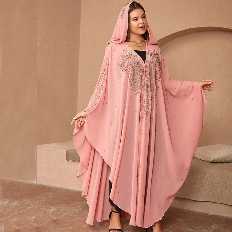 Purple Muslim style chiffon cape shawl with rhinestone beading laid flat.