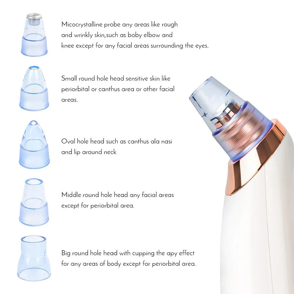 Black electric blackhead remover device with vacuum suction function and different coloured nozzles.