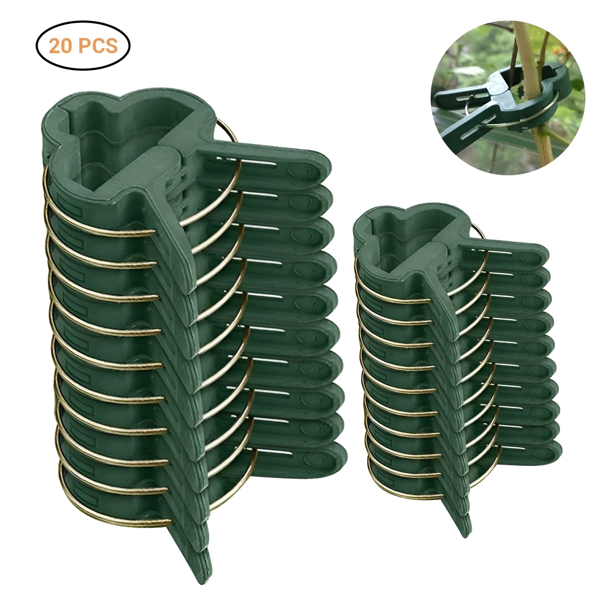 Green plastic and zinc plant fixing clips for supporting climbing tomatoes and beans