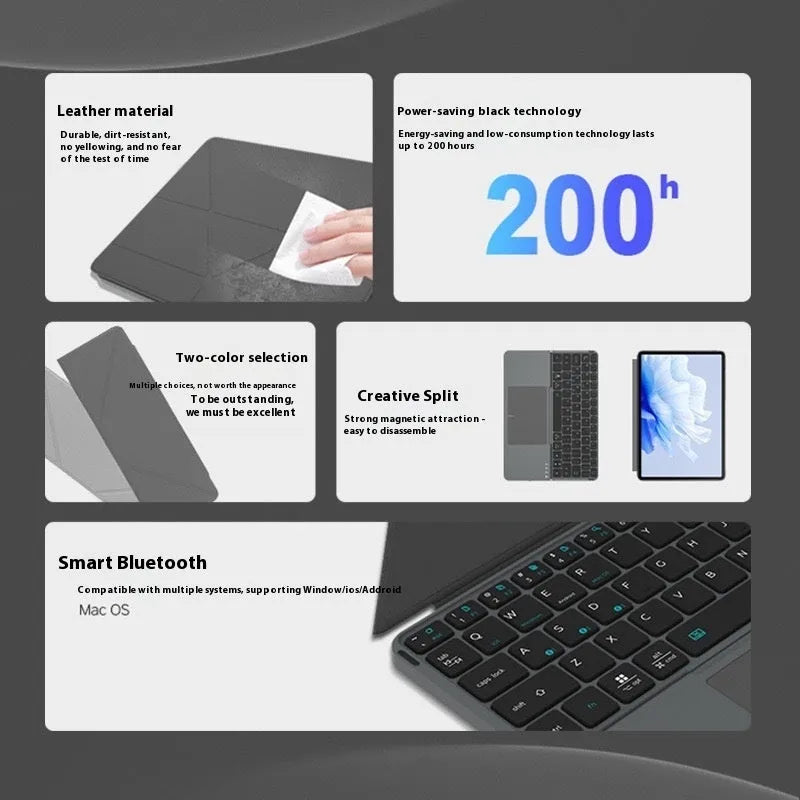 Grey wireless Bluetooth folding keyboard shown both folded and unfolded with mobile phone