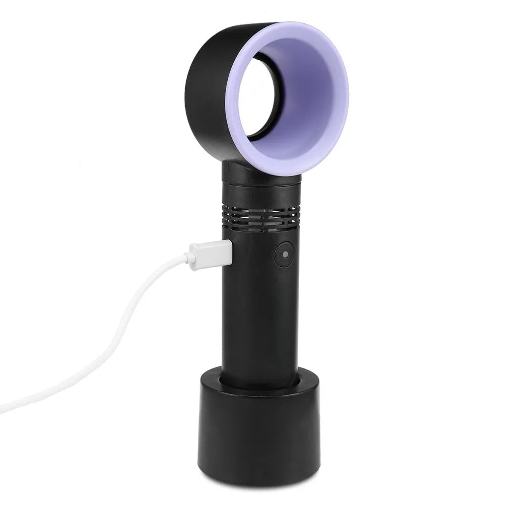 Compact portable bladeless fan on its base, shown in blue, with a USB cable for charging.