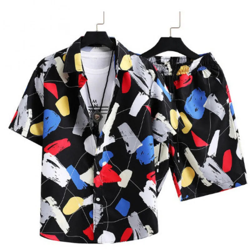 Men's casual cardigan suit set with digital printed short sleeve shirt and elastic shorts in polyester fabric