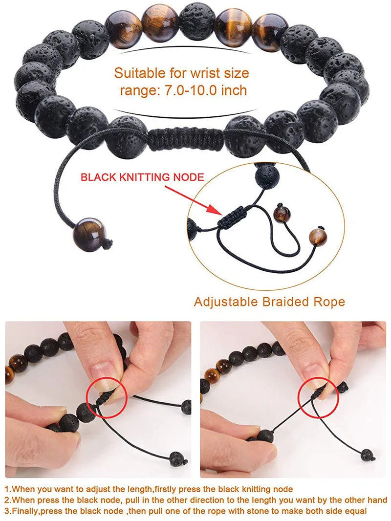 Matte black tiger eye agate couple bracelets with geometric beads on a neutral background.