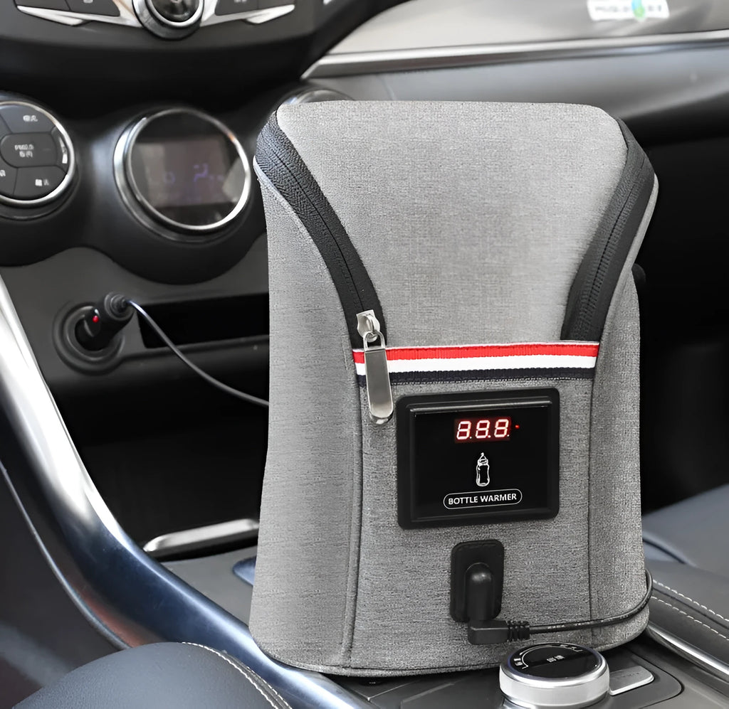 Grey portable car USB baby bottle warmer with digital display and hanging buckle for travel