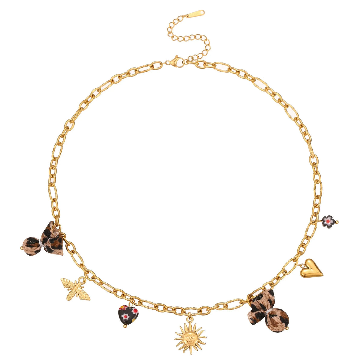 Women's stainless steel necklace with leopard, love heart, and flowers pendant on a regular chain.
