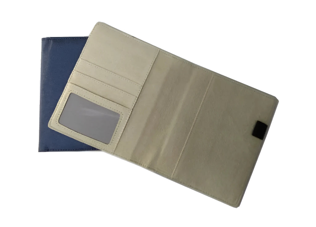 Blue imitation leather PU notebook shell measuring 18.5 by 15.5 centimetres with a PP bag.