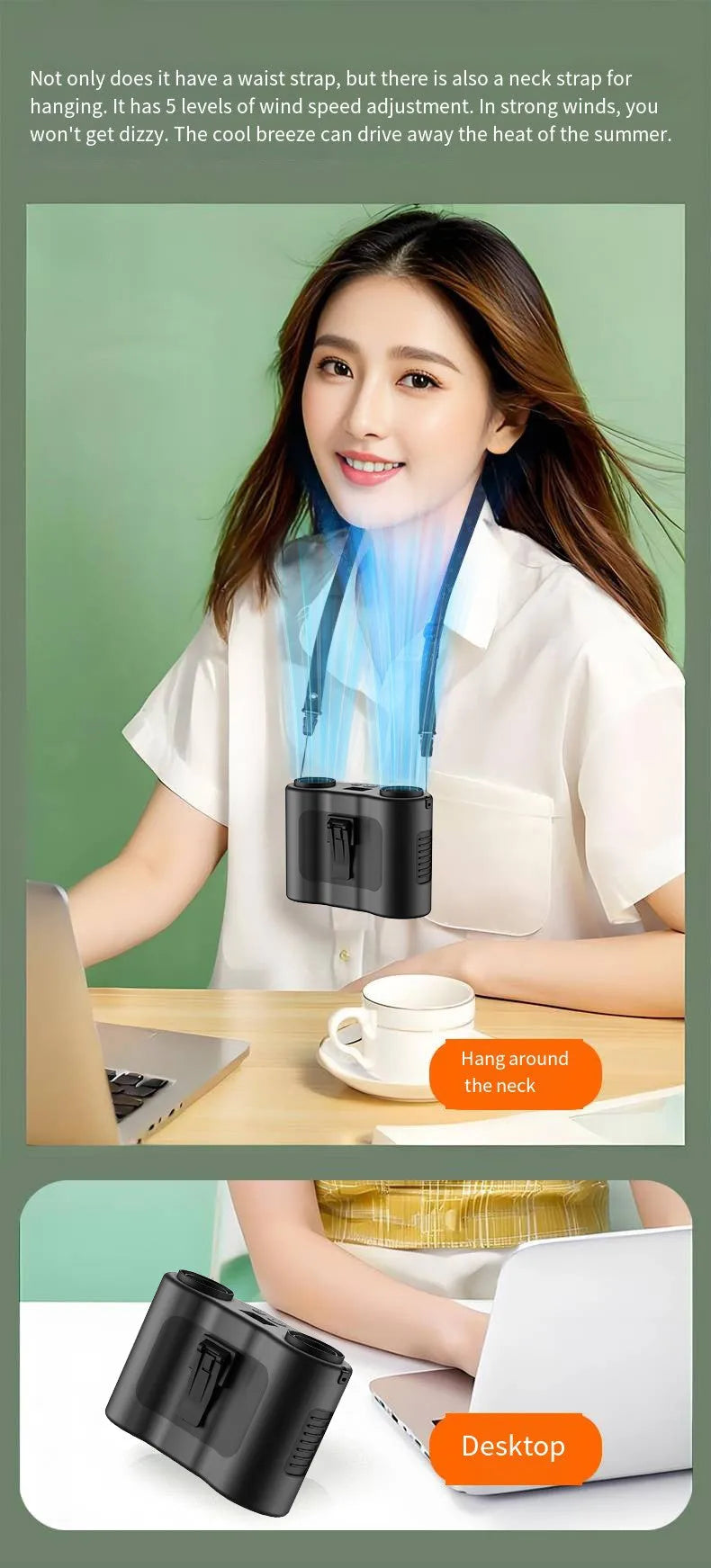 Grey portable waist-hung personal fan with neck lanyard and waist buckle, shown for outdoor use.