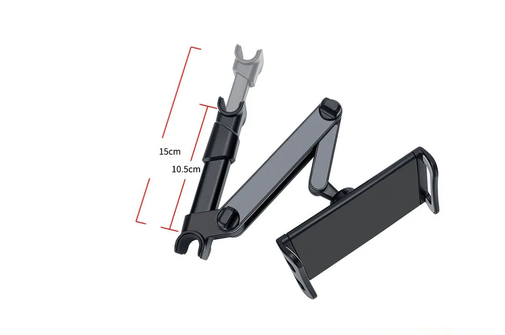 Black car phone holder attached to vehicle rear seat base with universal bracket holding tablet