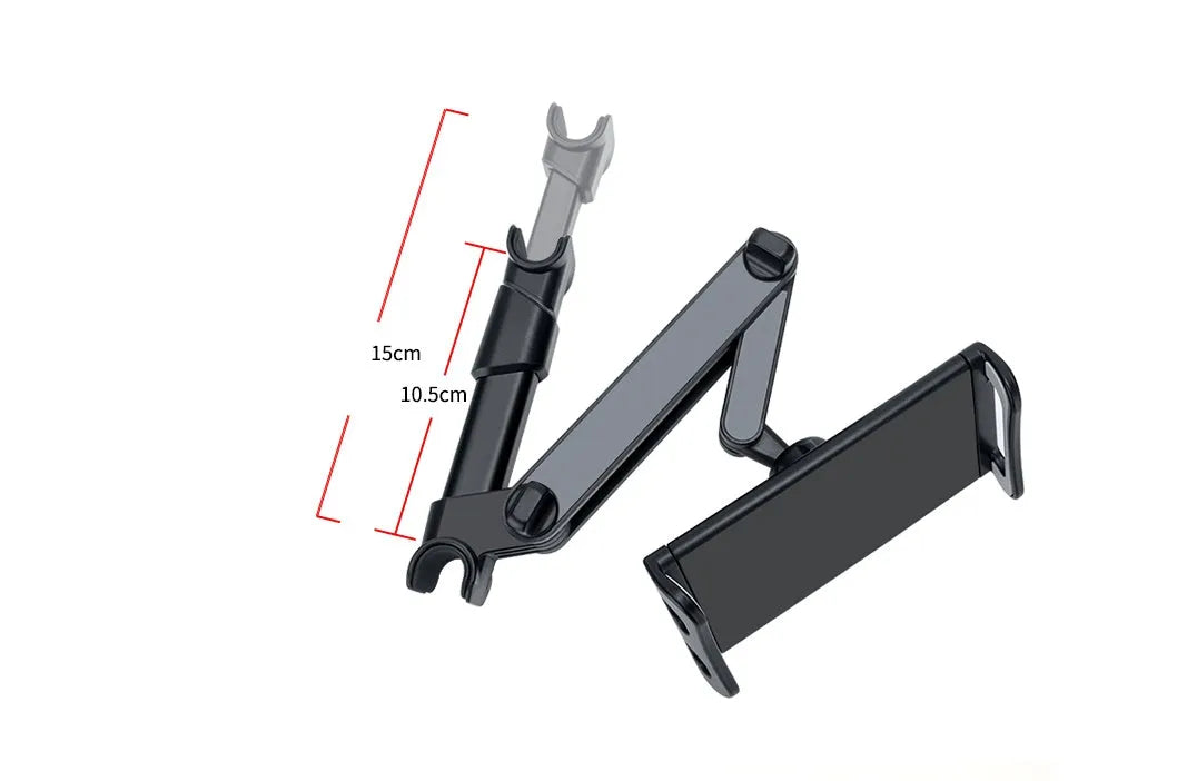 Black car phone holder attached to vehicle rear seat base with universal bracket holding tablet