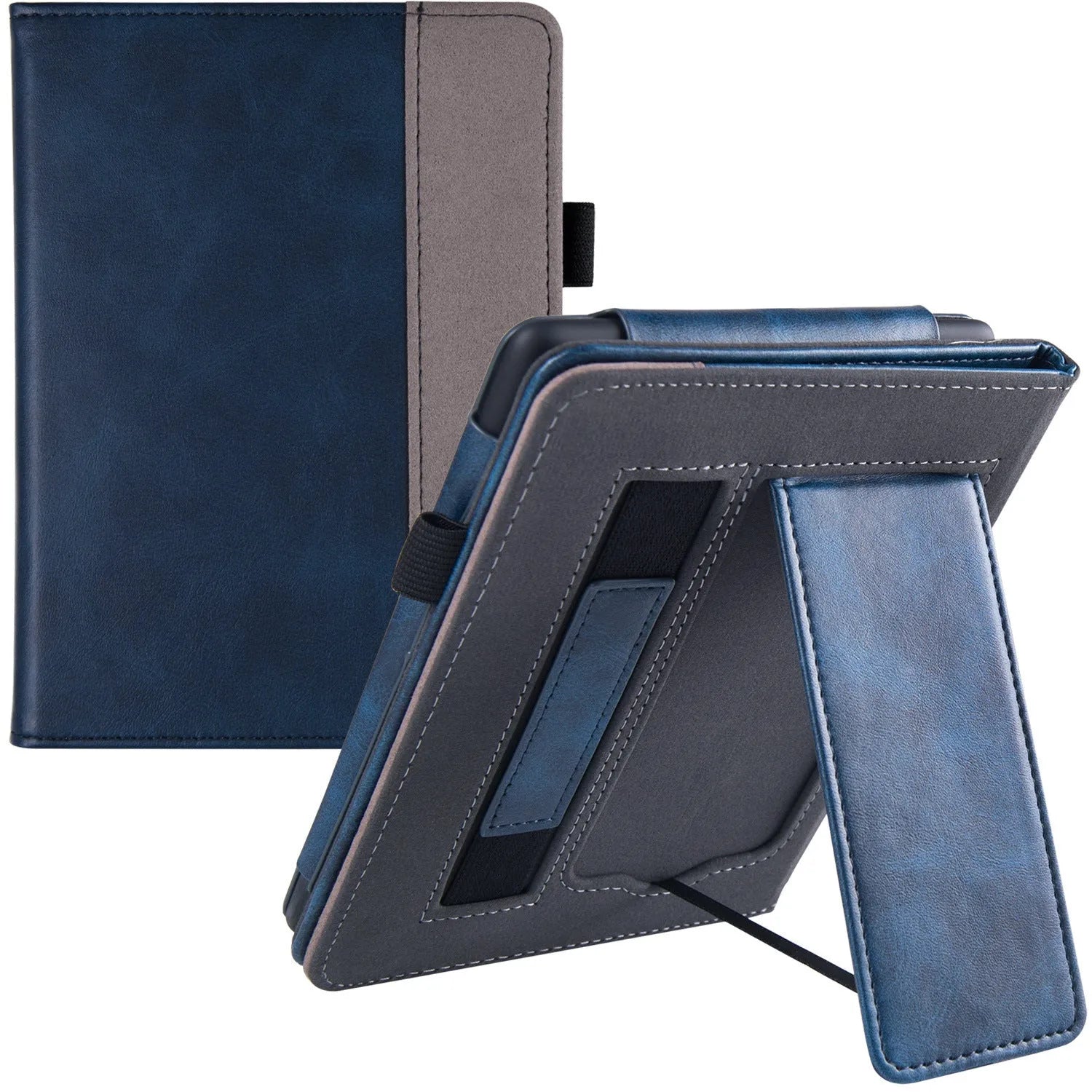 Kindle Paperwhite leather case with wrist splint bracket attached, showing calf leather exterior and microfiber interior