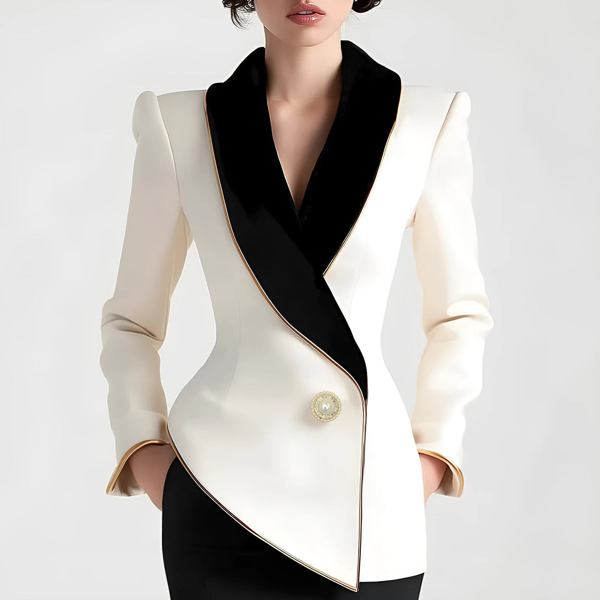 Milky white women's long sleeve coat with golden edge detailing and pearl buttons, irregular cut design