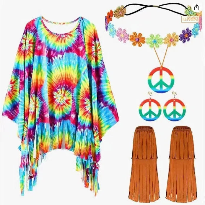 Tie dye cloak costume with sleeveless bell sleeves in vibrant spandex fabric for Halloween events