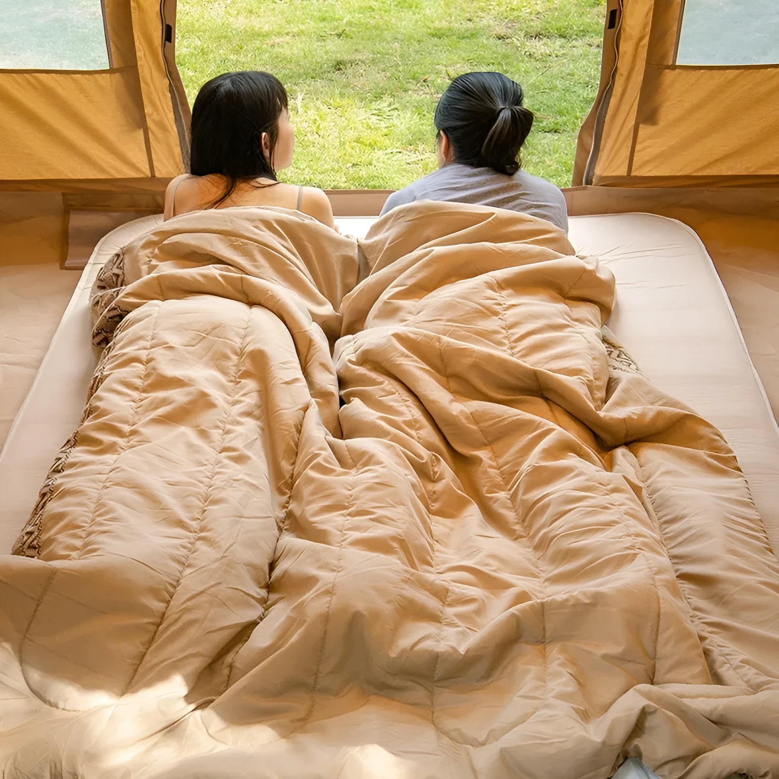 Four seasons portable camping sleeping bag for adults with storage bag, in swamp colour.