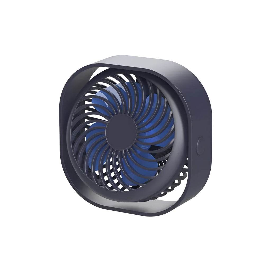 USB charging desk fan with alarm clock display in blue, showing 360-degree rotation capability.