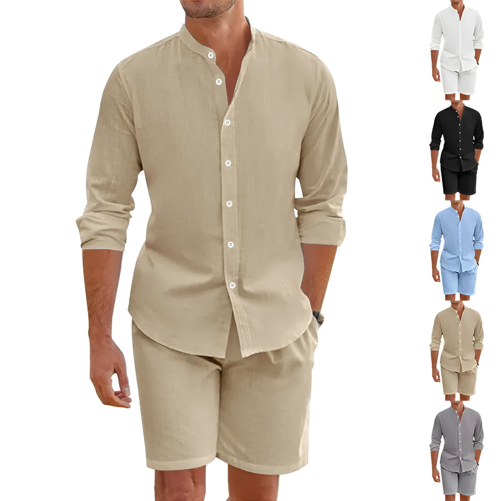 Men's dark grey short sleeve button-down shirt and matching drawstring shorts casual summer suit