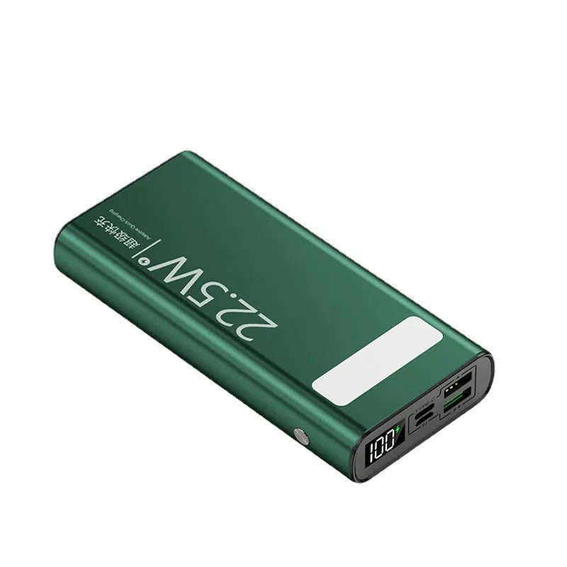 Alloy shell portable power bank with LCD display, shown in black, featuring USB-C PD fast charge port.